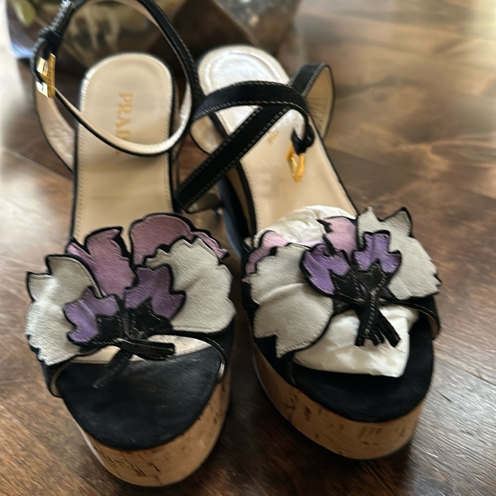 Prada black suede sandals with gray, lilac, purple flower appliqué